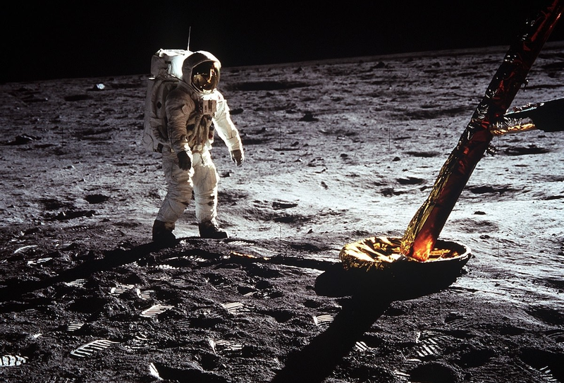 Apollo 11 astronaut Buzz Aldrin standing next to a leg of the Eagle lunar module. Thankfully, no one sank through the soft lunar regolith.
